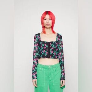 Noisy May Mesh Floral Corset Crop Top Y2K Long Sleeve Hook & Eye Bustier Hippie